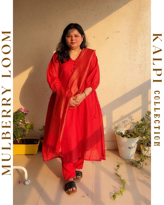 Kalpi Red Chanderi Three Piece Suit Set
