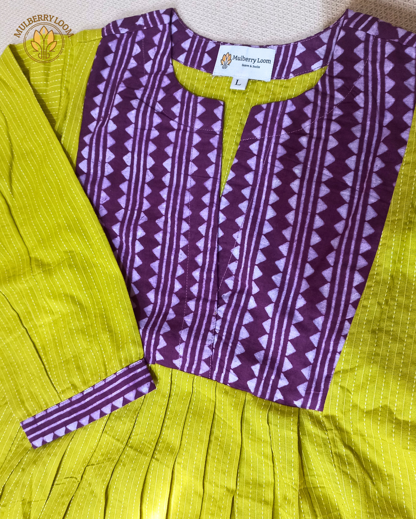 Exquisite Lime Green and Purple Hand Block Print Patch Kurta