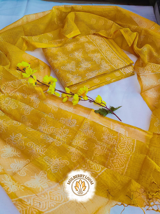 Yellow Graceful Handblock Printed Kota Doria Suit Set