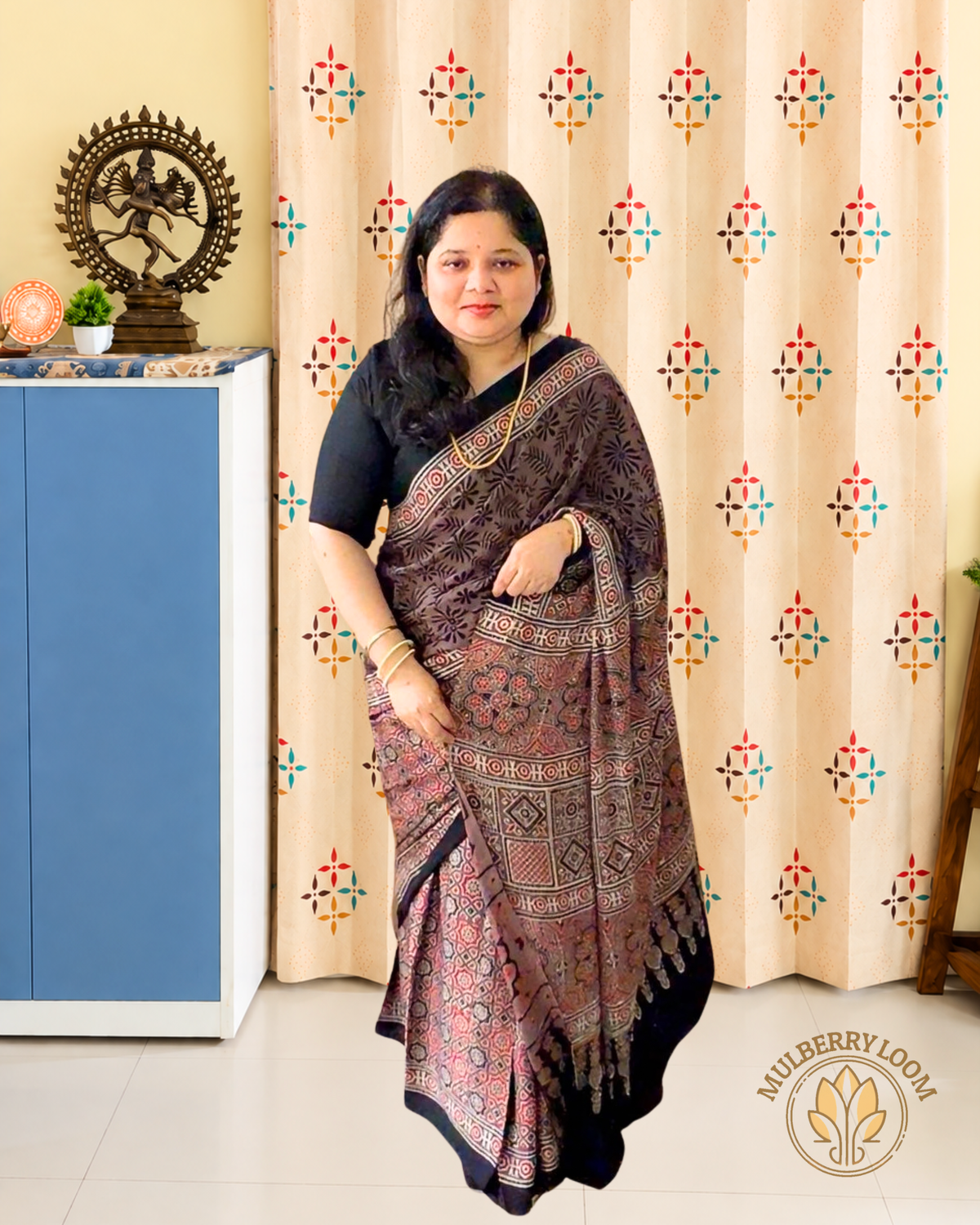 Beige Black Maroon Ajrakh Handblock Modal Saree