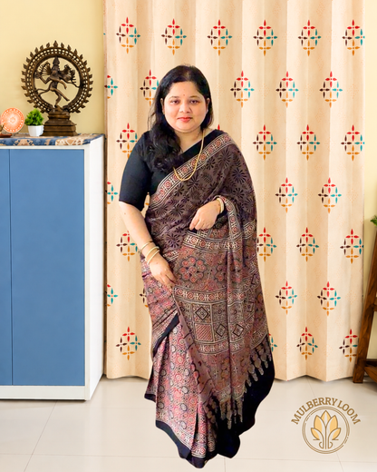 Beige Black Maroon Ajrakh Handblock Modal Saree