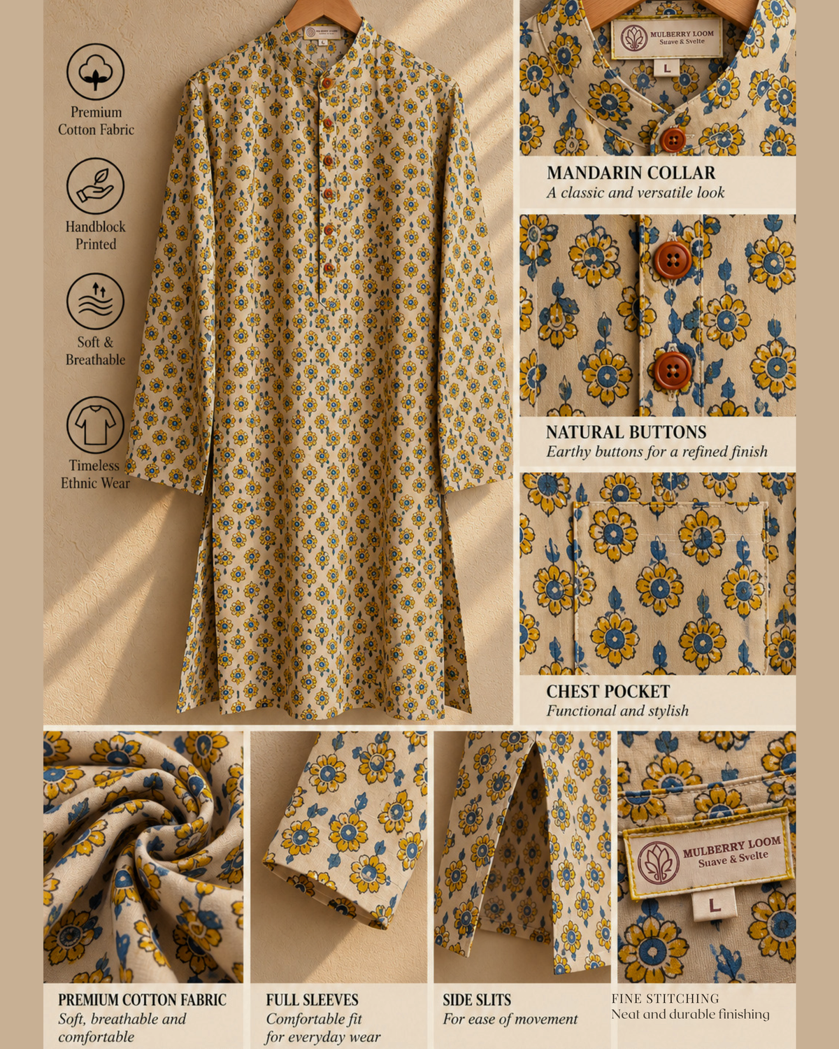 Tattva Off-white & Yellow Vanaspati Handblock Print Men's Long Kurta