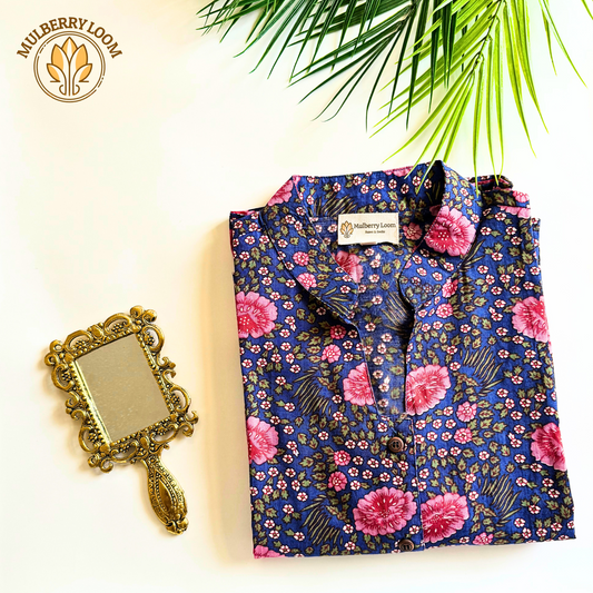 Classic Charm Indigo and Pink A-Line Dress