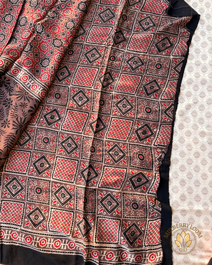 Beige Black Maroon Ajrakh Handblock Modal Saree
