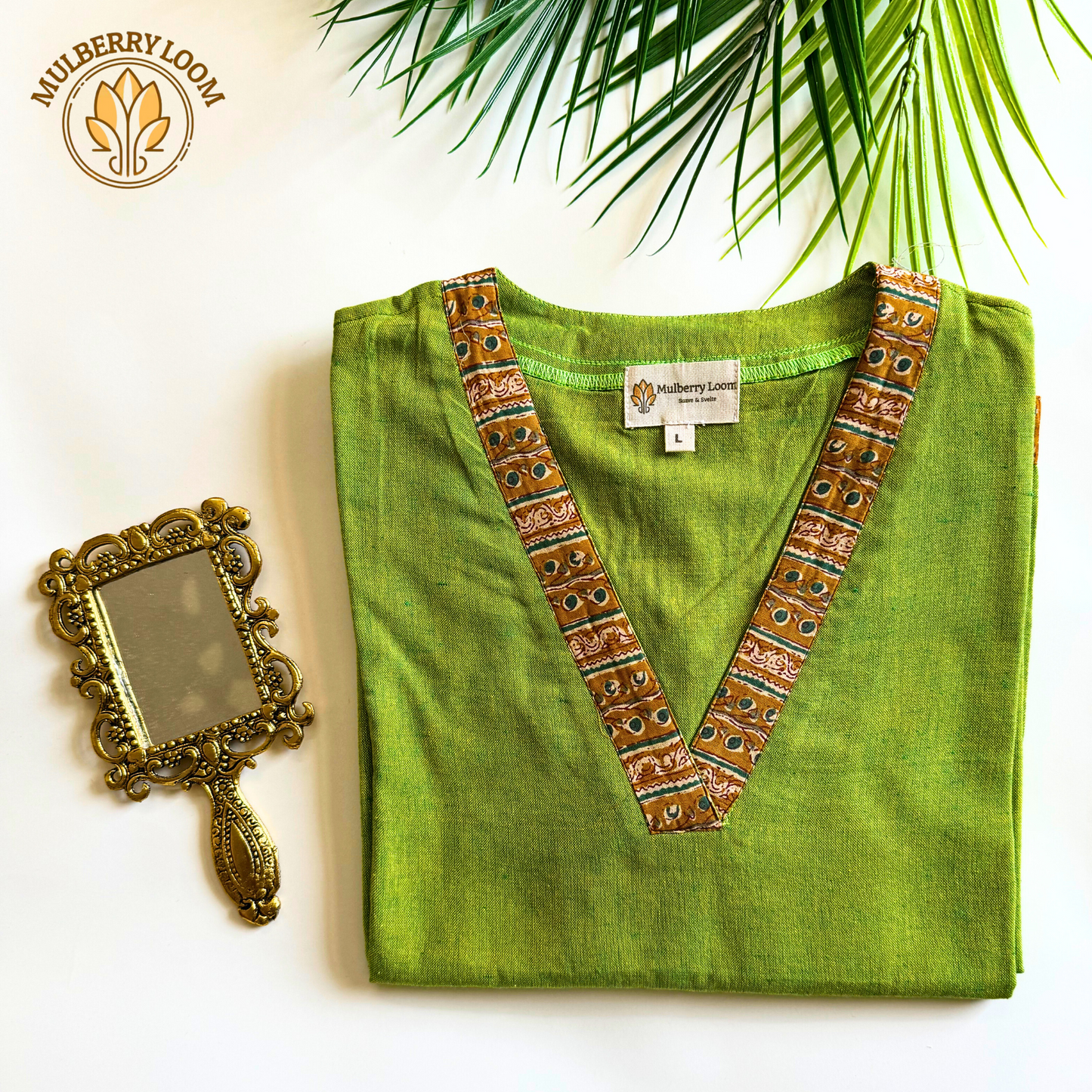 Green V-Neck South Cotton Straight Kurta