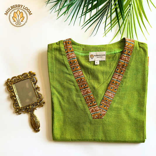 Green V-Neck South Cotton Straight Kurta