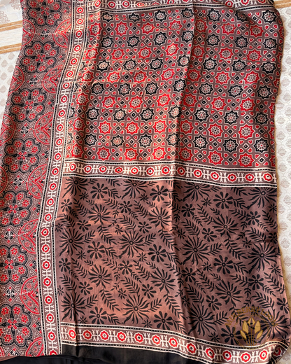 Beige Black Maroon Ajrakh Handblock Modal Saree