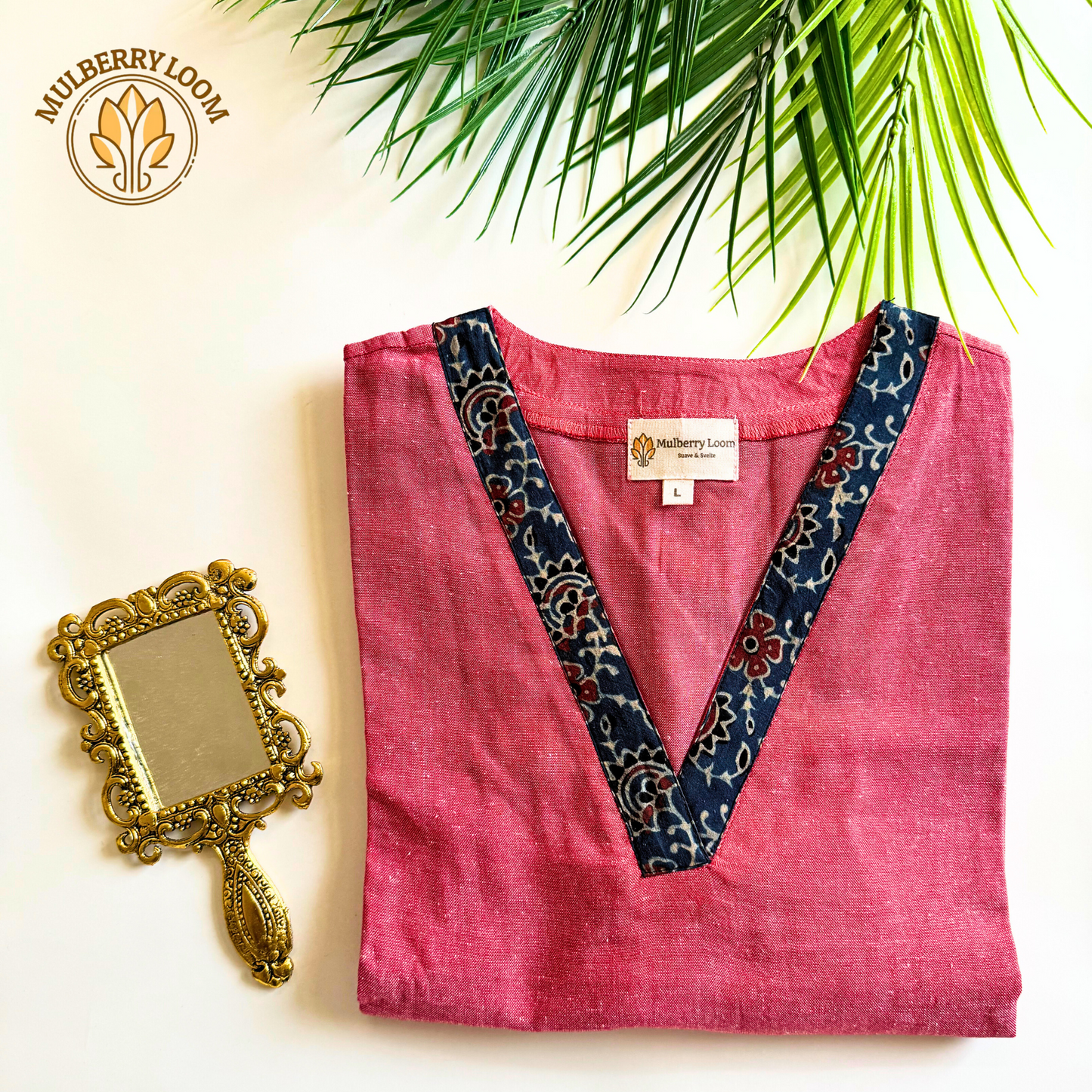 Pink V-Neck South Cotton Straight Kurta