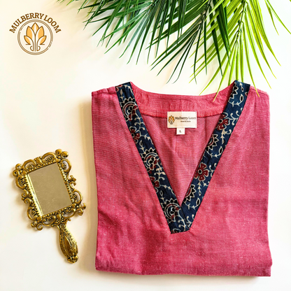Pink V-Neck South Cotton Straight Kurta