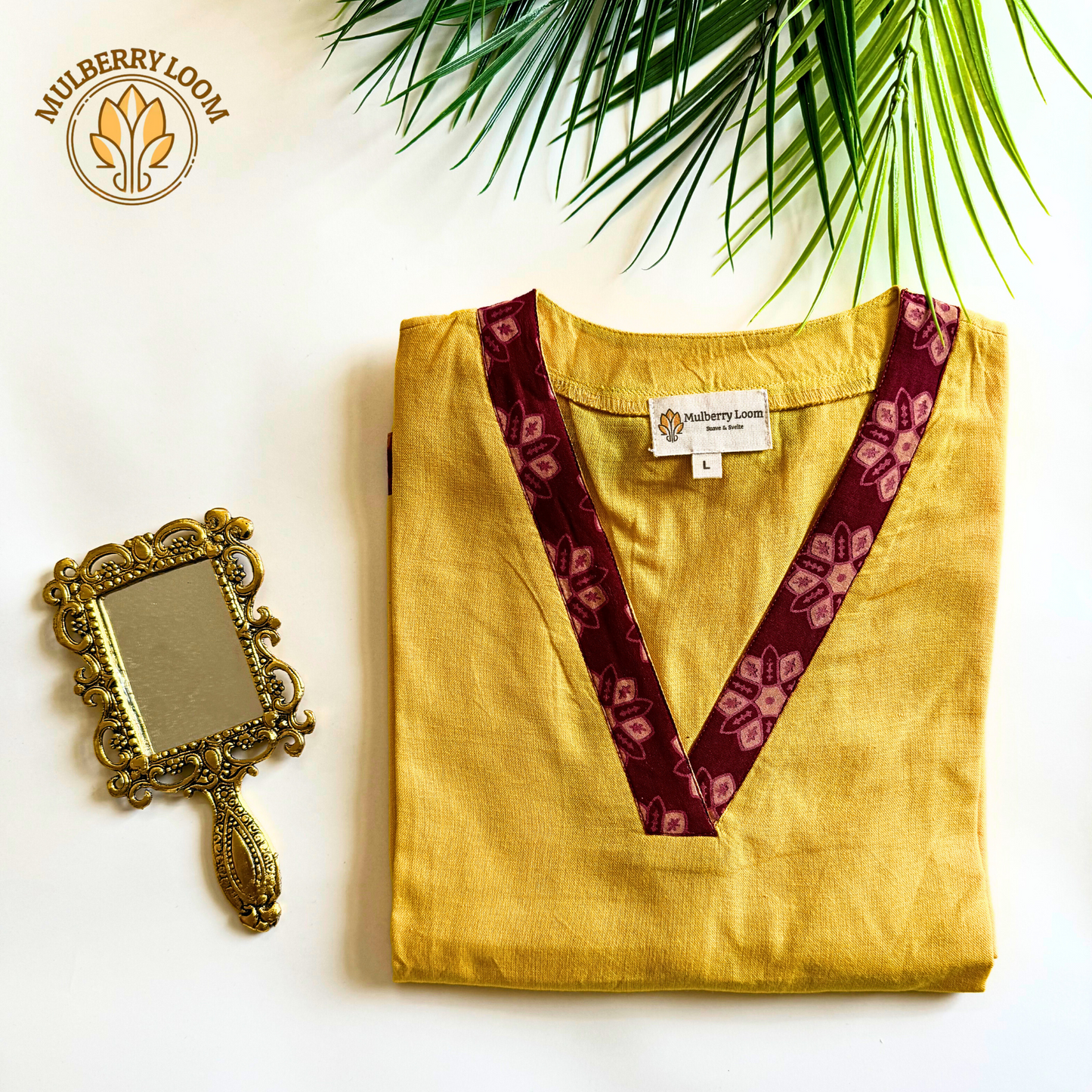 Yellow V-Neck South Cotton Straight Kurta