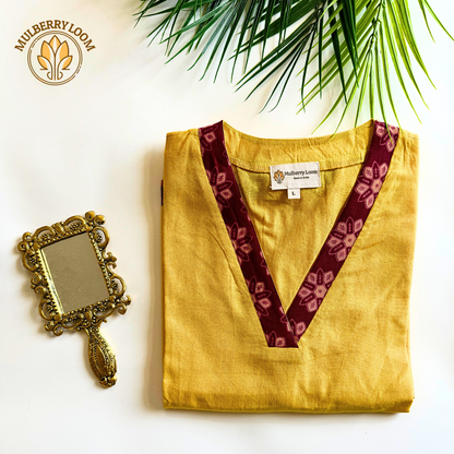 Yellow V-Neck South Cotton Straight Kurta