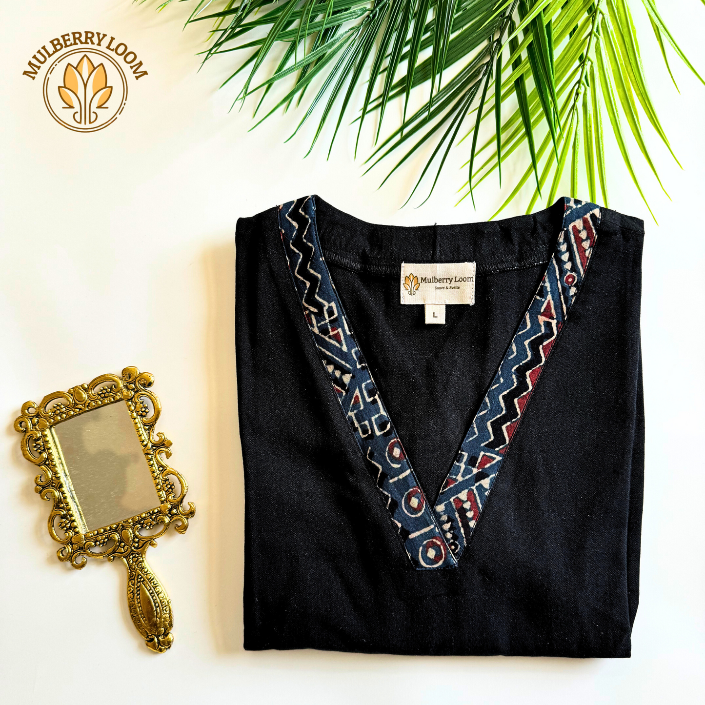 Black V-Neck South Cotton Straight Kurta