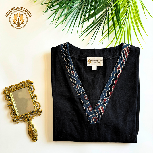 Black V-Neck South Cotton Straight Kurta