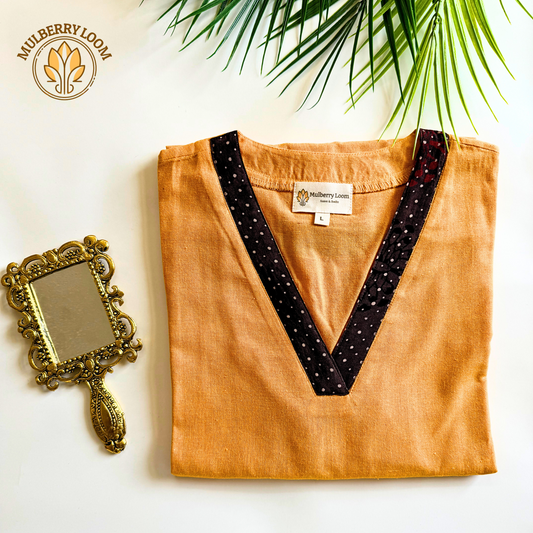 Orange V-Neck South Cotton Straight Kurta
