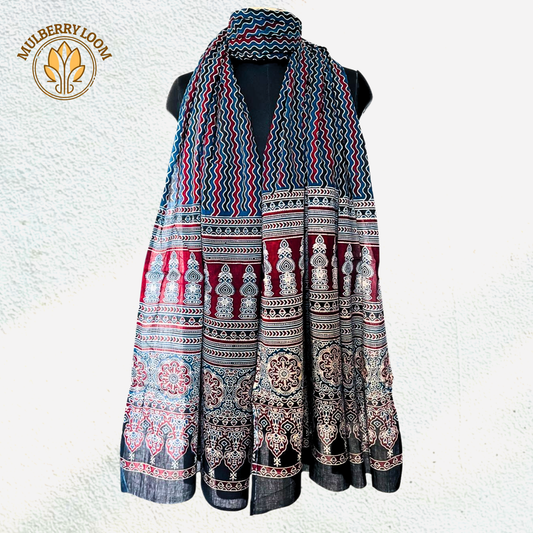 Indigo Zig Zag Ajrakh Handblock Print Cotton Dupatta