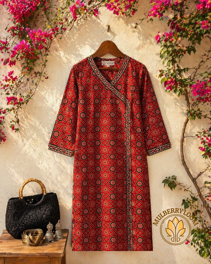 Crimson and Ebony Motif Ajrakh Handblock Print Kurta