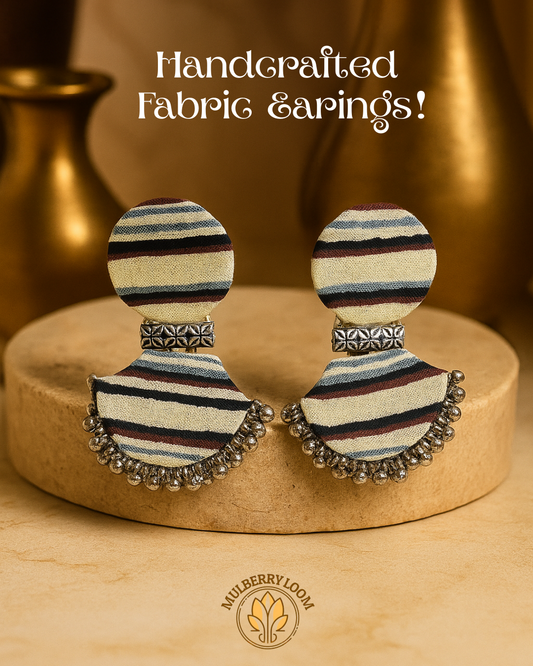 Nira Offwhite  with Stripes Handcrafted Fabric Earrings