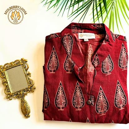 Red Black Ajrakh Leaf Handblock Print A-Line Dress