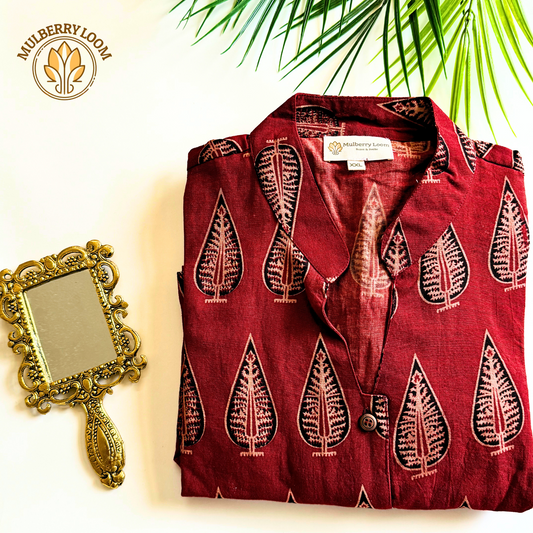 Red Black Ajrakh Leaf Handblock Print A-Line Dress