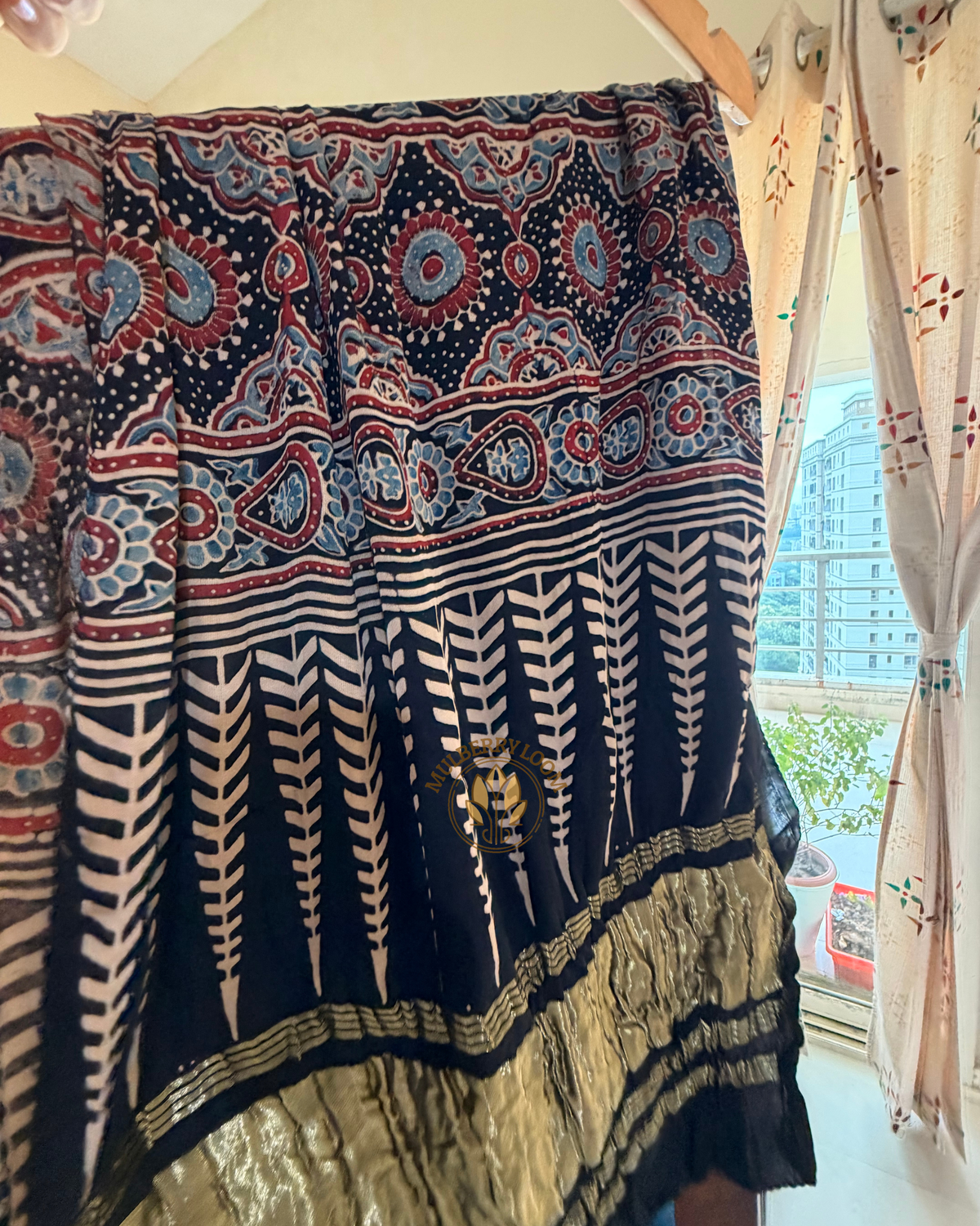 Black Red Ajrakh Handblock Print Modal Stole with Tissue border