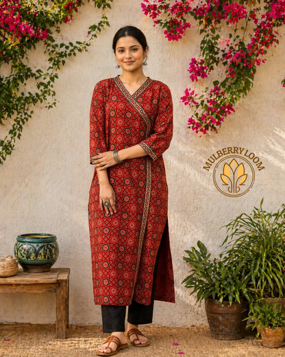 Crimson and Ebony Motif Ajrakh Handblock Print Kurta