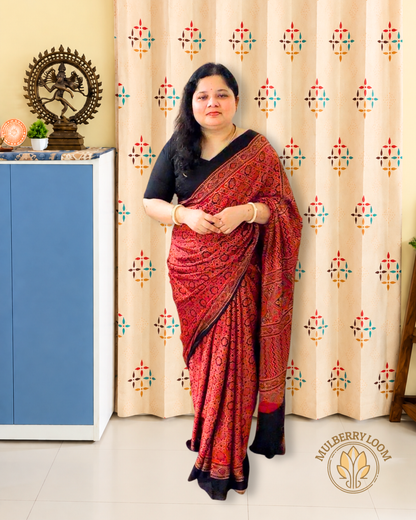 Red Ajrakh Handblock Modal Saree