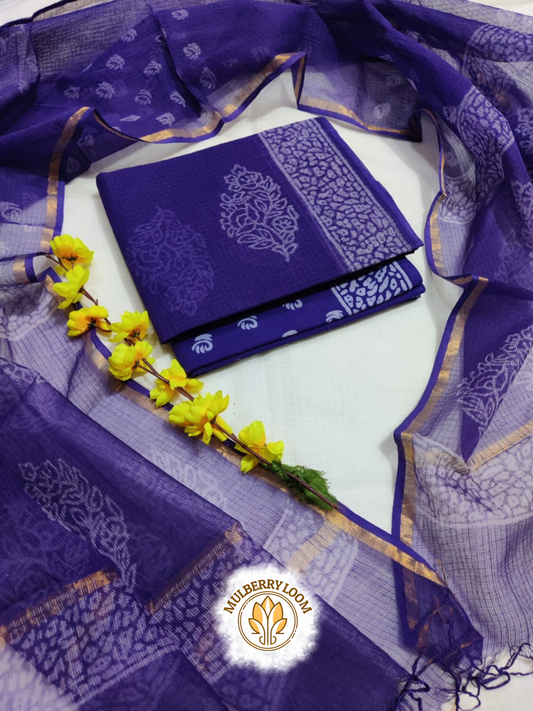 Dark Violet Graceful Handblock Printed Kota Doria Suit Set