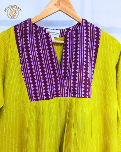 Exquisite Lime Green and Purple Hand Block Print Patch Kurta