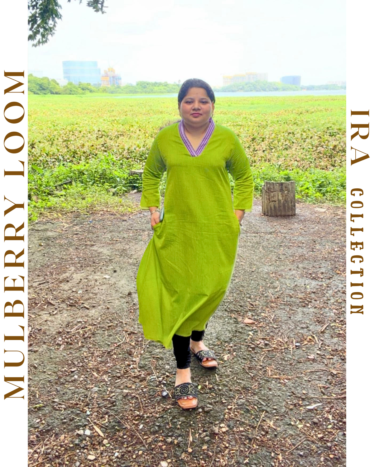Ira Chartreuse Plain Ikkat Dress