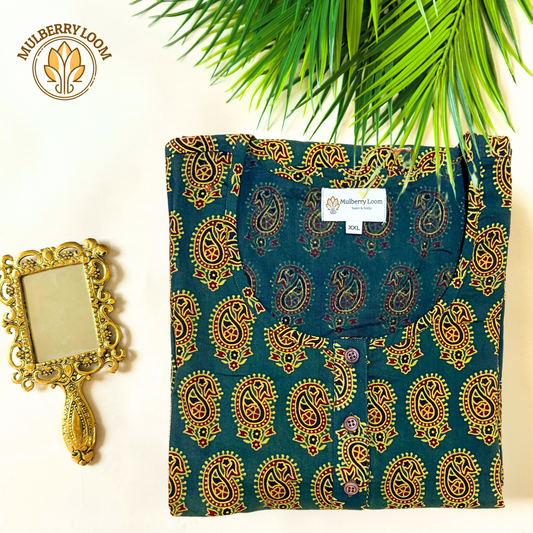 Exquisite Olive Green Ajrakh Block Print Kurta
