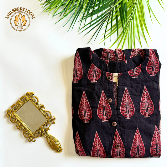 Ebony and Crimson Leaf Ajrakh Handblock Print Dress
