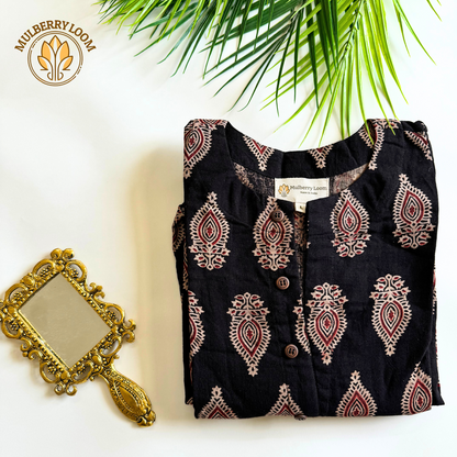 Ebony and Crimson Motif Ajrakh Handblock Print Dress