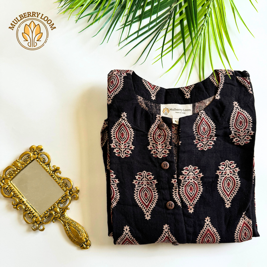 Ebony and Crimson Motif Ajrakh Handblock Print Dress