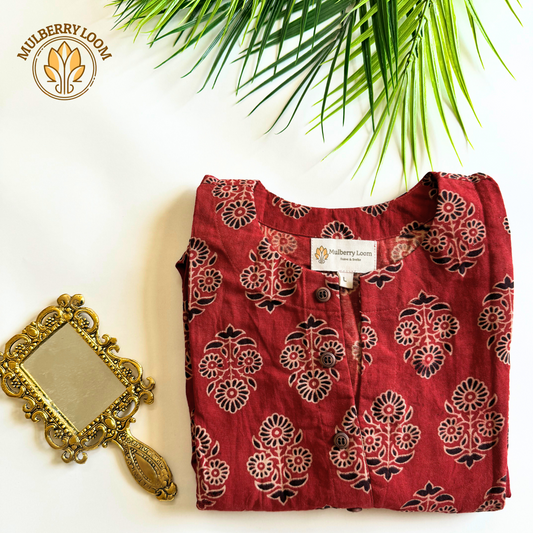 Crimson and Ebony Motif Ajrakh Handblock Print Dress