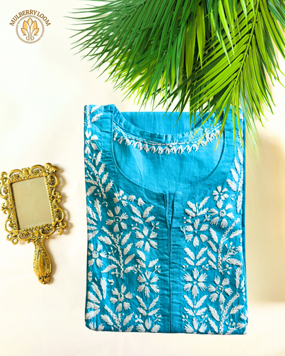 Blue Cotton Chikanari Kurta