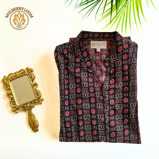Black Red Pattern Ajrakh Handblock Print A-Line Dress