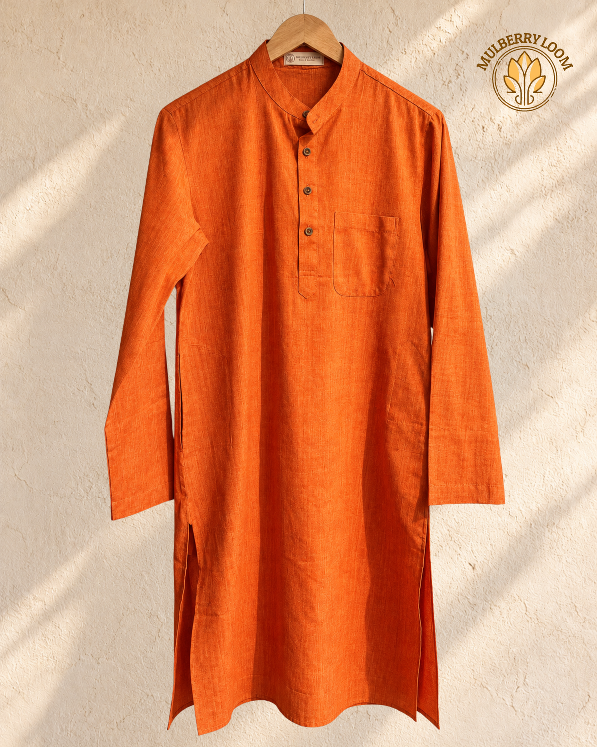Tattva Orange Plain Ikkat Men's Long Kurta