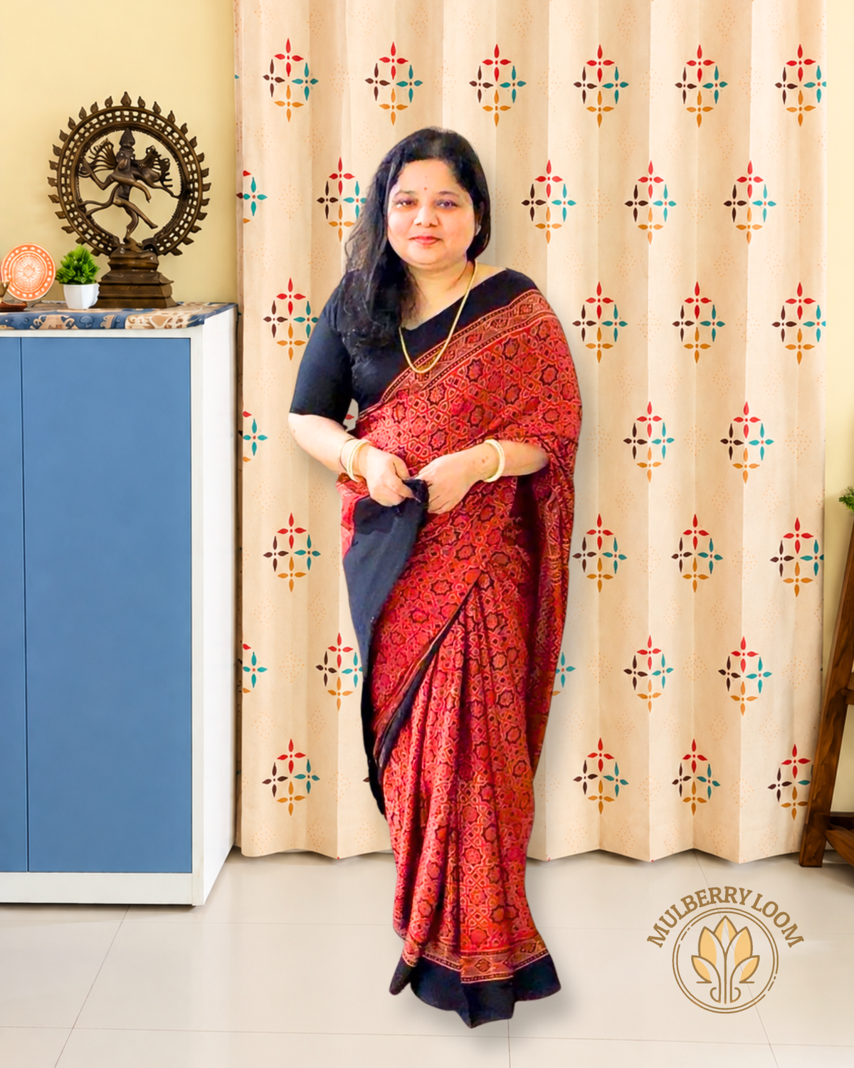 Red Ajrakh Handblock Modal Saree