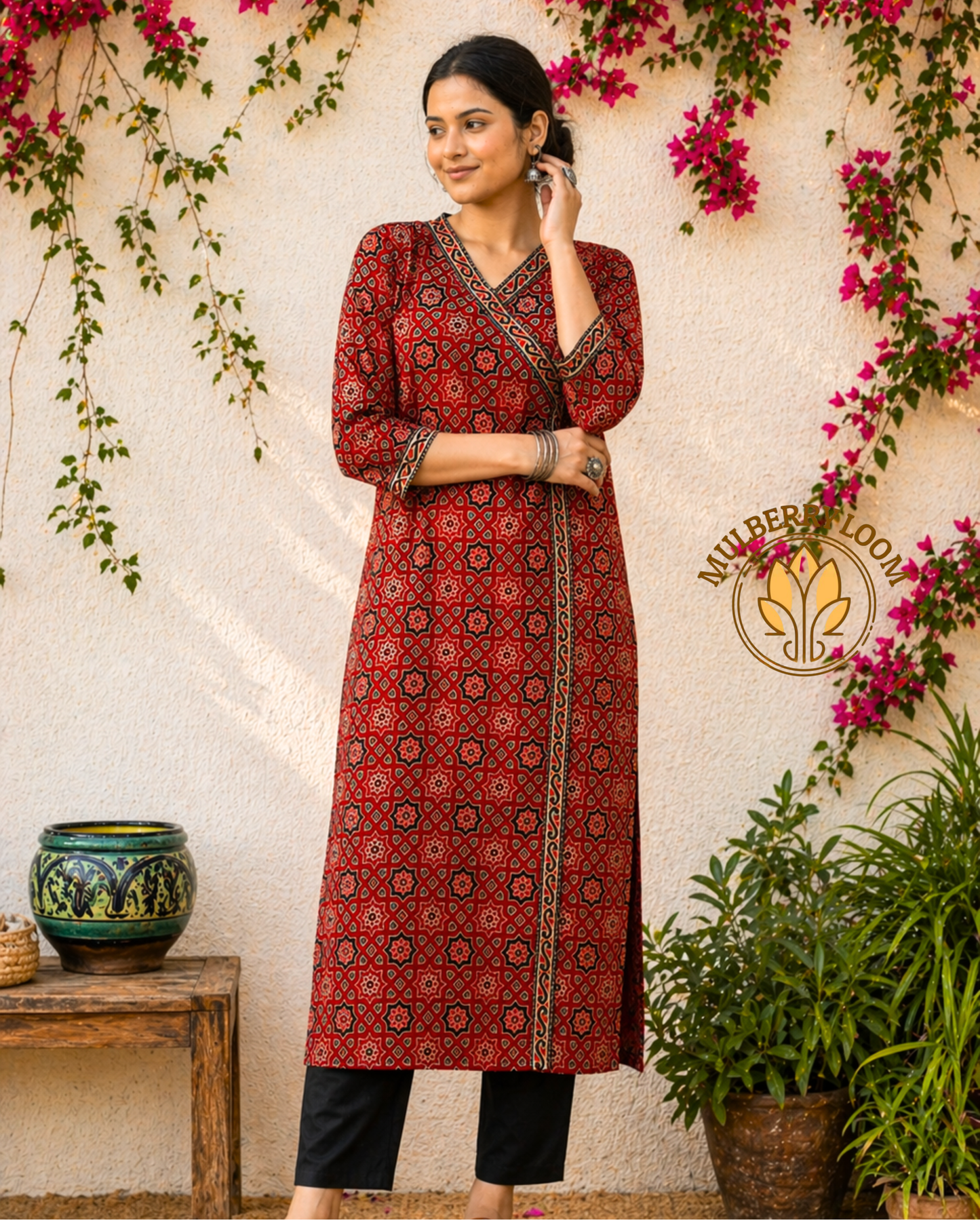 Crimson and Ebony Motif Ajrakh Handblock Print Kurta