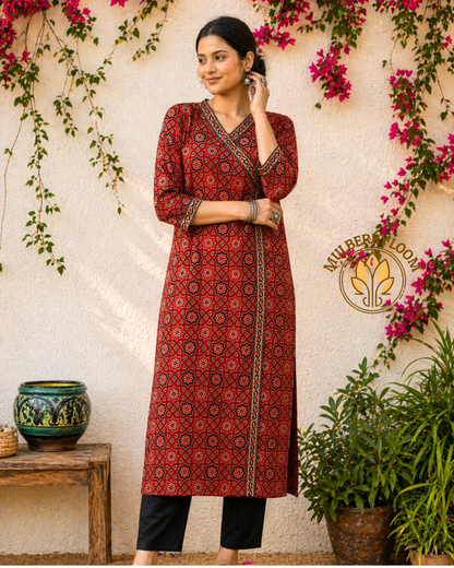 Crimson and Ebony Motif Ajrakh Handblock Print Kurta