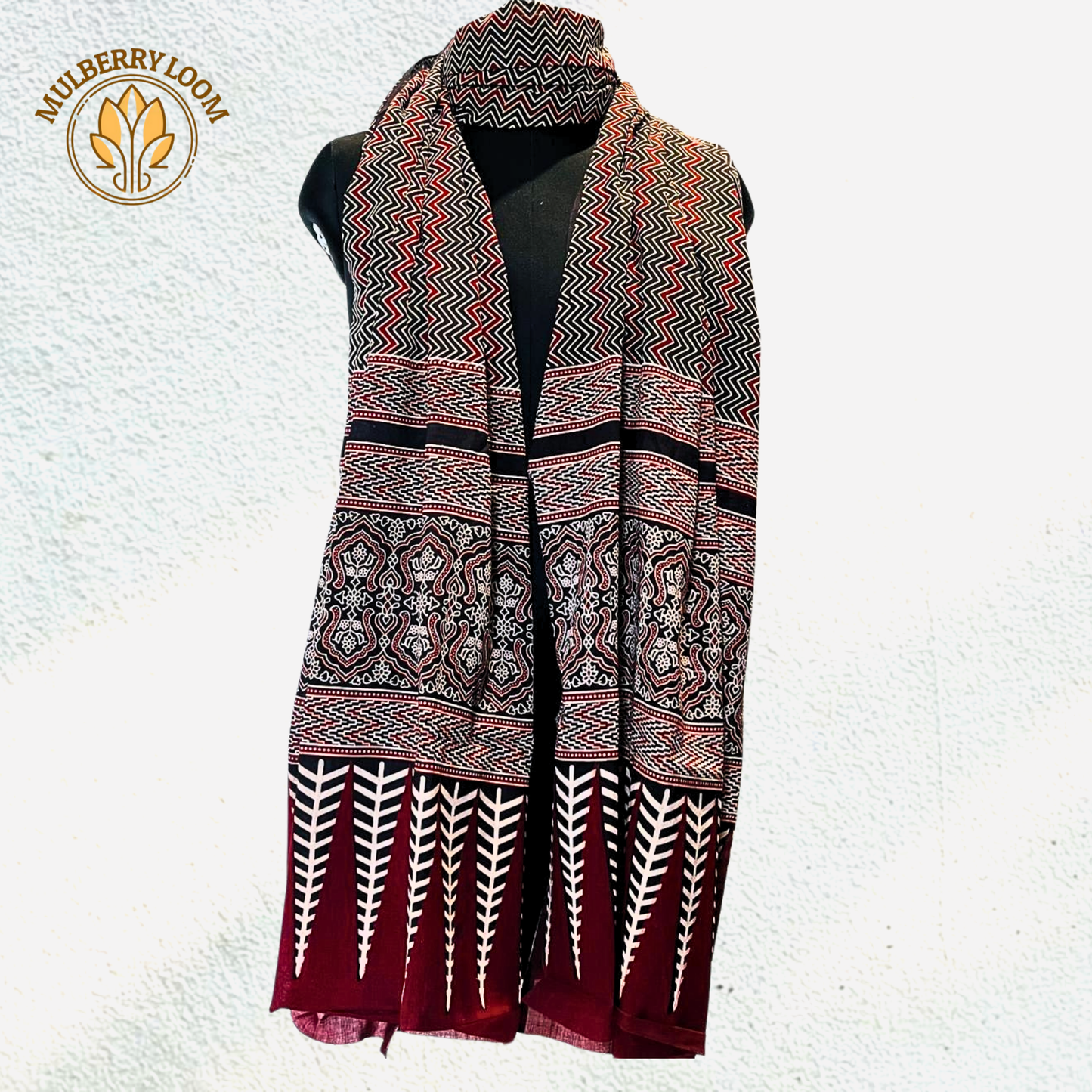 Black Zig Zag Ajrakh Handblock Print Cotton Dupatta