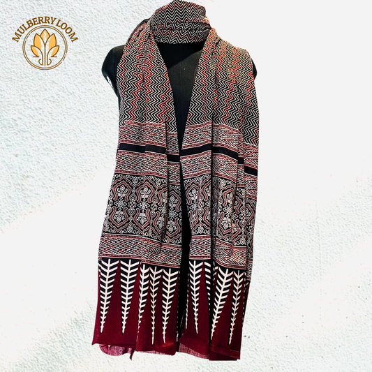 Black Zig Zag Ajrakh Handblock Print Cotton Dupatta