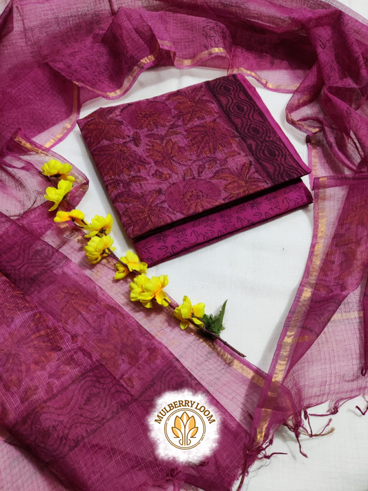 Plum Graceful Handblock Printed Kota Doria Suit Set