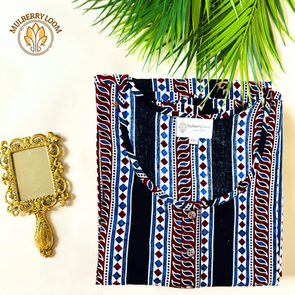Exquisite Indigo Black and Maroon Hand Block Print Kurta