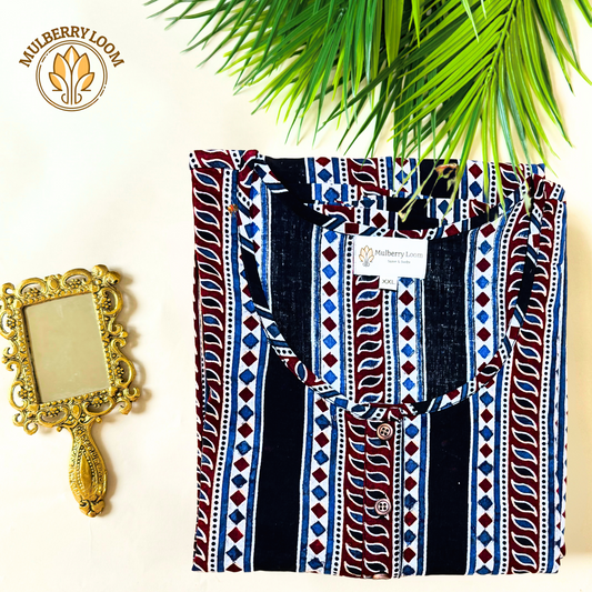 Exquisite Indigo Black and Maroon Hand Block Print Kurta