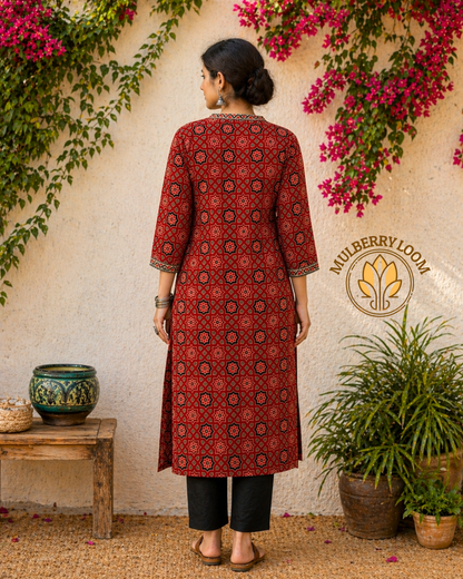 Crimson and Ebony Motif Ajrakh Handblock Print Kurta