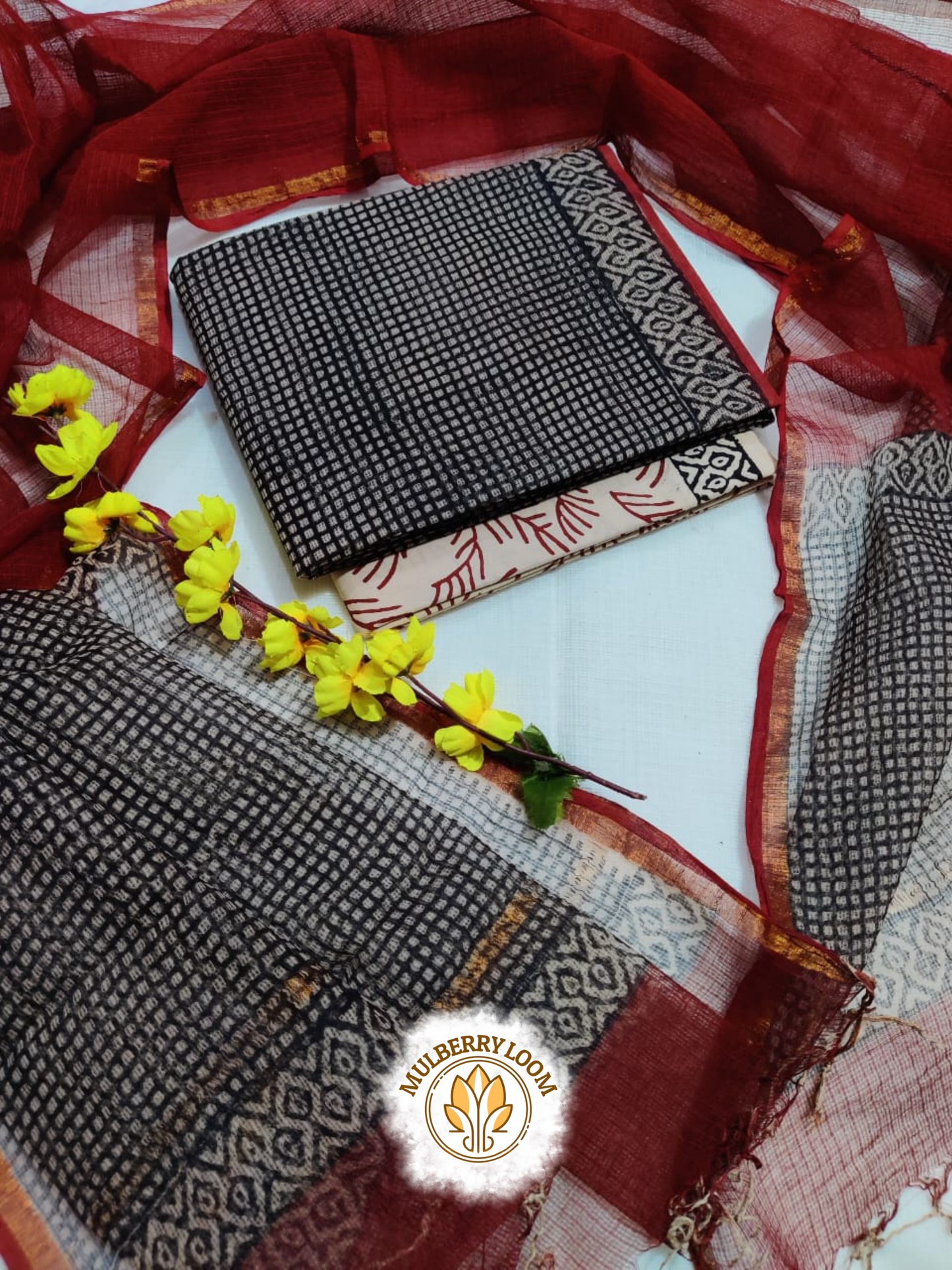 Maroon Black Graceful Handblock Printed Kota Doria Suit Set