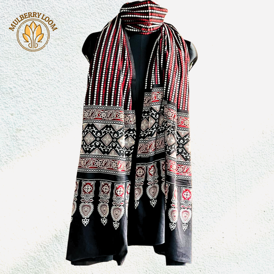 Black Red Ajrakh Handblock Print Cotton Dupatta