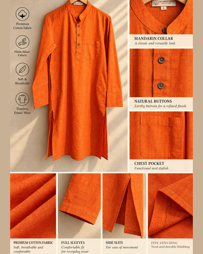 Tattva Orange Plain Ikkat Men's Long Kurta