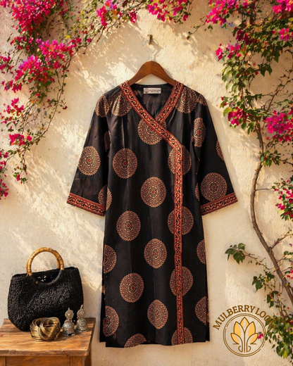 Ebony and Crimson Motif Ajrakh Handblock Print Kurta